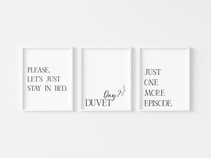 Set of 3 bedroom prints, duvet day, stay in bed funny unframed wall art