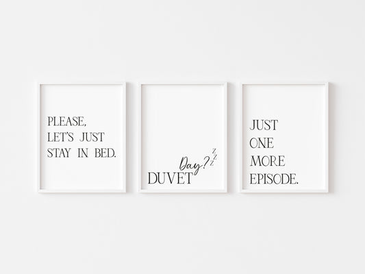 Set of 3 bedroom prints, duvet day, stay in bed funny unframed wall art