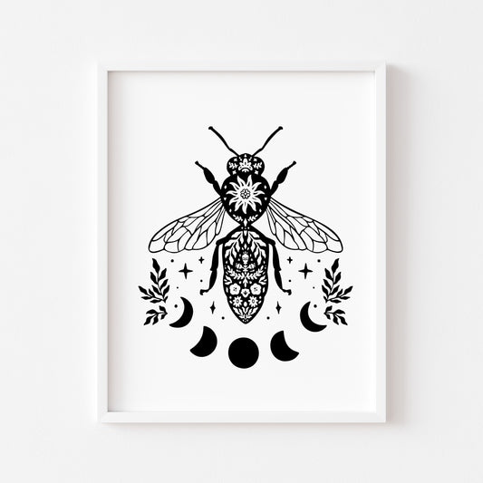 Celestial Bee illustration monochrome, black & white floral moon phases bedroom office unframed wall art poster print