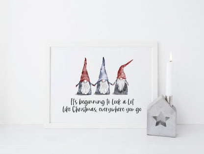 It's beginning to look a lot like Christmas, watercolour gonks/gnome xmas seasonal unframed wall art poster print