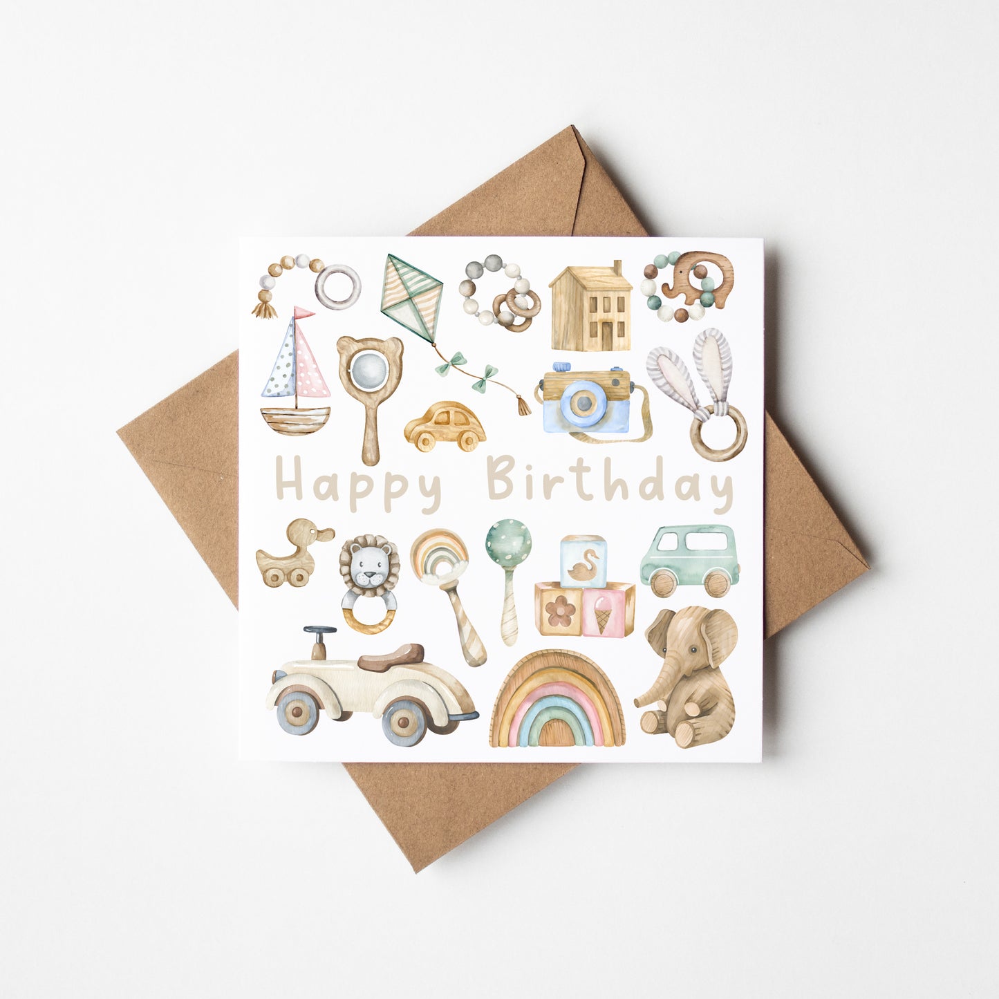 Kids neutral Birthday card, Happy Birthday kids neutral eco wooden toys boys girls birthday toy themed unique birthday card with envelope