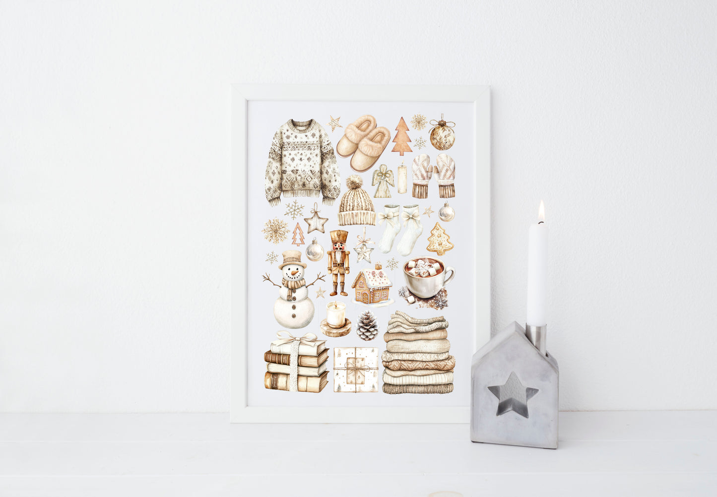Christmas Print Watercolour Beige white cosy xmas mood board style Wall Art (unframed)