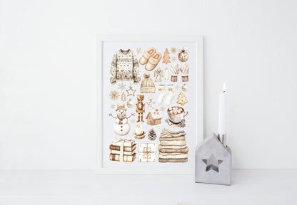 Christmas Print Watercolour Beige white cosy xmas mood board style Wall Art (unframed)