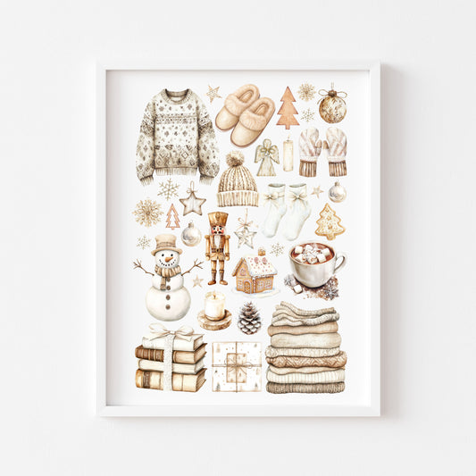Christmas Print Watercolour Beige white cosy xmas mood board style Wall Art (unframed)