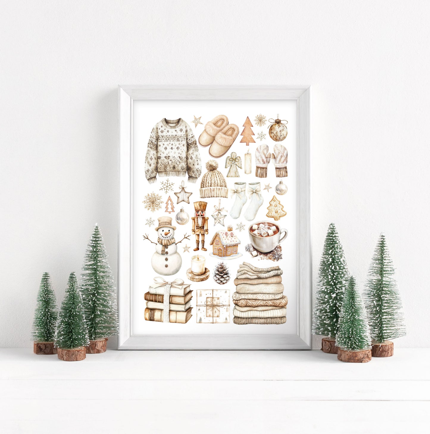 Christmas Print Watercolour Beige white cosy xmas mood board style Wall Art (unframed)