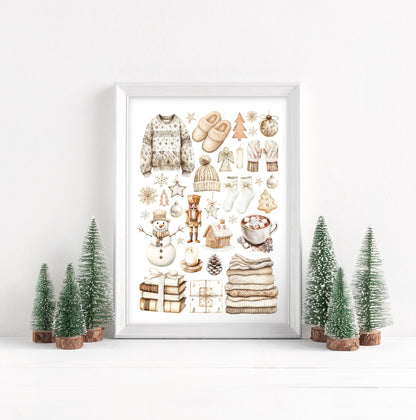 Christmas Print Watercolour Beige white cosy xmas mood board style Wall Art (unframed)