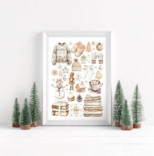Christmas Print Watercolour Beige white cosy xmas mood board style Wall Art (unframed)