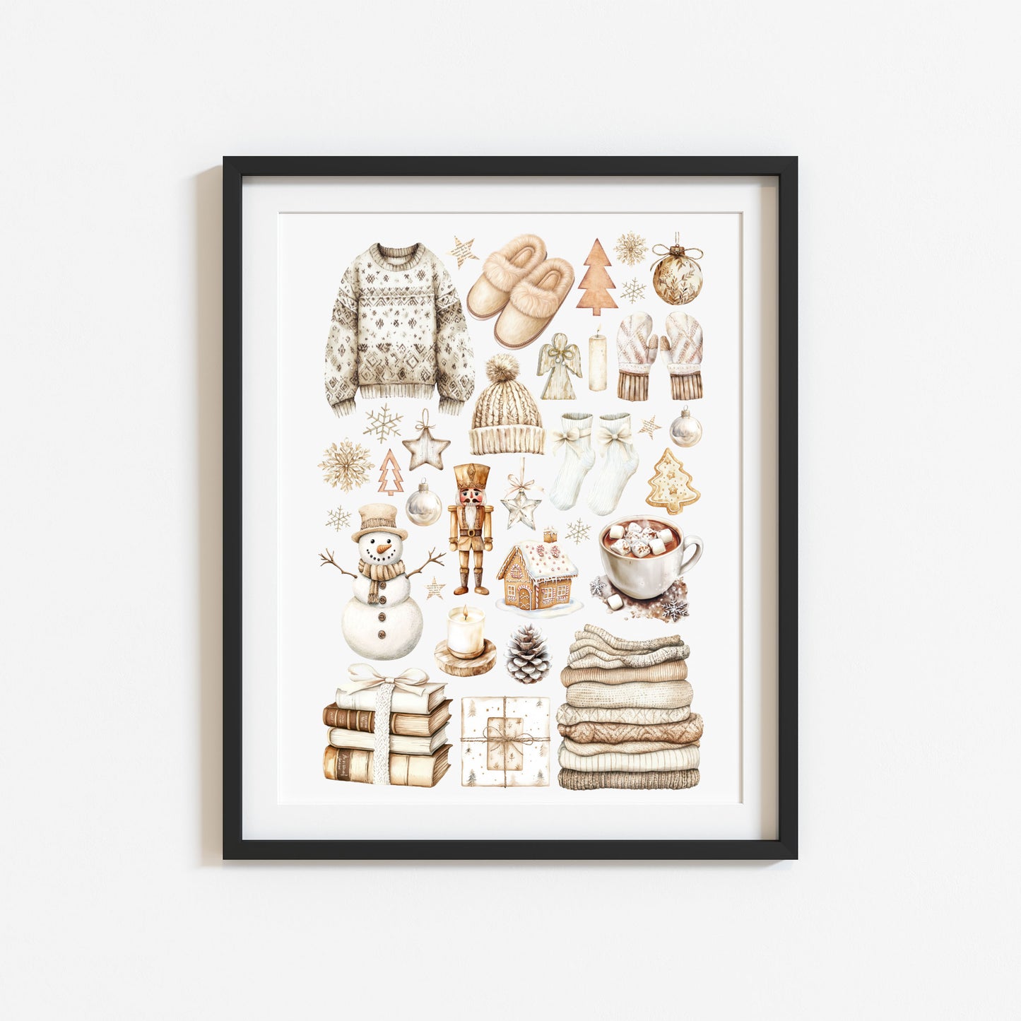 Christmas Print Watercolour Beige white cosy xmas mood board style Wall Art (unframed)