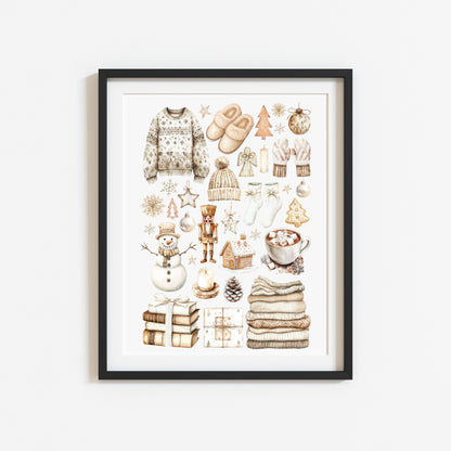 Christmas Print Watercolour Beige white cosy xmas mood board style Wall Art (unframed)