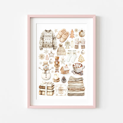 Christmas Print Watercolour Beige white cosy xmas mood board style Wall Art (unframed)
