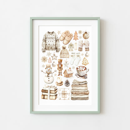 Christmas Print Watercolour Beige white cosy xmas mood board style Wall Art (unframed)