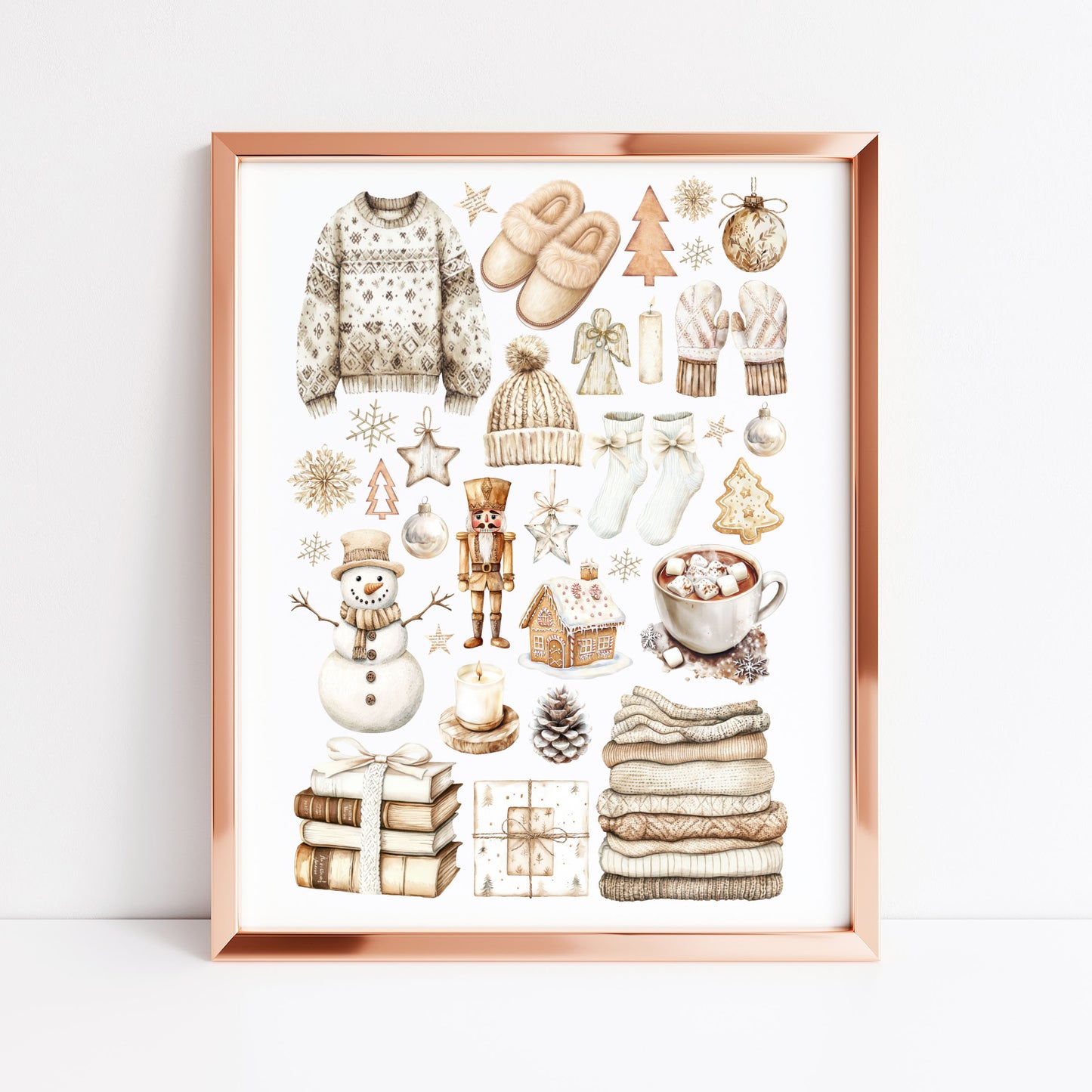 Christmas Print Watercolour Beige white cosy xmas mood board style Wall Art (unframed)