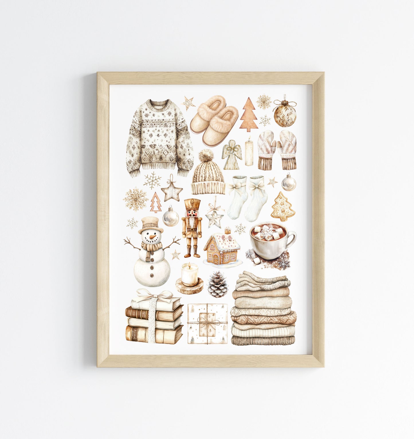 Christmas Print Watercolour Beige white cosy xmas mood board style Wall Art (unframed)