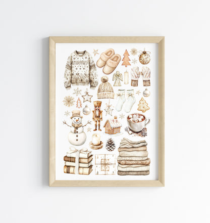 Christmas Print Watercolour Beige white cosy xmas mood board style Wall Art (unframed)