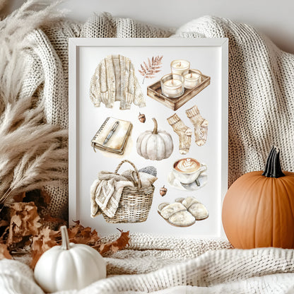 Autumn favourites, Autumn cosy beige soft fall autumn vibes, fall faves unframed wall art poster print, autumn home decor autumn mood board
