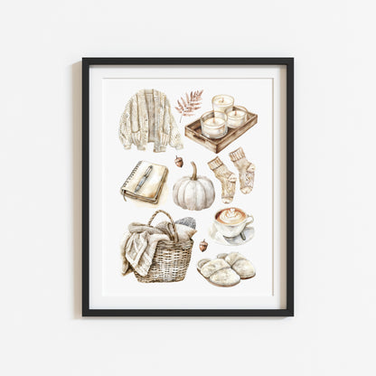 Autumn favourites, Autumn cosy beige soft fall autumn vibes, fall faves unframed wall art poster print, autumn home decor autumn mood board
