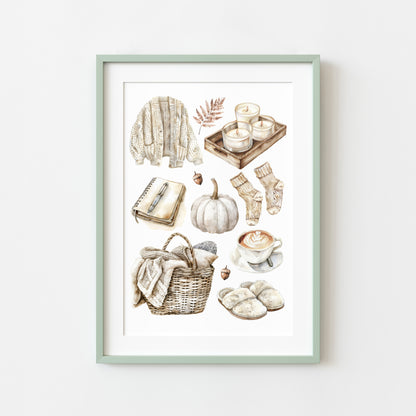 Autumn favourites, Autumn cosy beige soft fall autumn vibes, fall faves unframed wall art poster print, autumn home decor autumn mood board