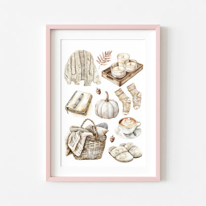 Autumn favourites, Autumn cosy beige soft fall autumn vibes, fall faves unframed wall art poster print, autumn home decor autumn mood board