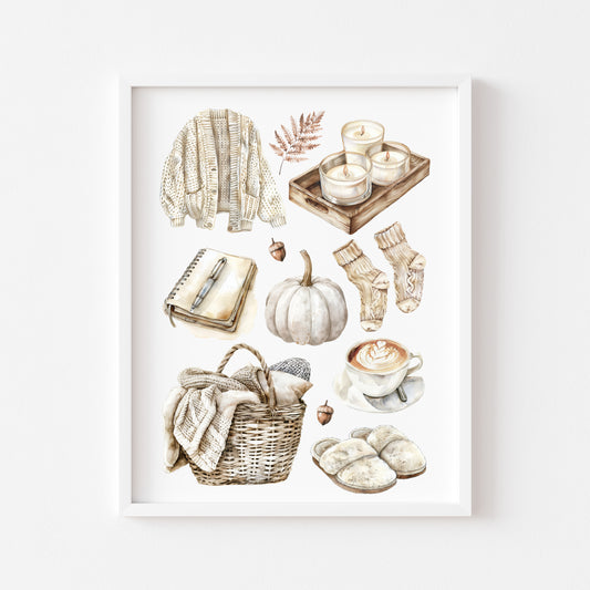 Autumn favourites, Autumn cosy beige soft fall autumn vibes, fall faves unframed wall art poster print, autumn home decor autumn mood board