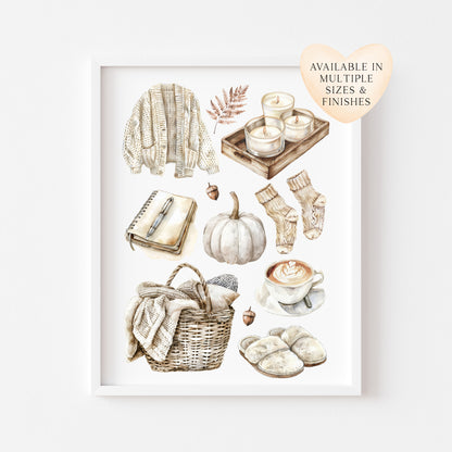 Autumn favourites, Autumn cosy beige soft fall autumn vibes, fall faves unframed wall art poster print, autumn home decor autumn mood board