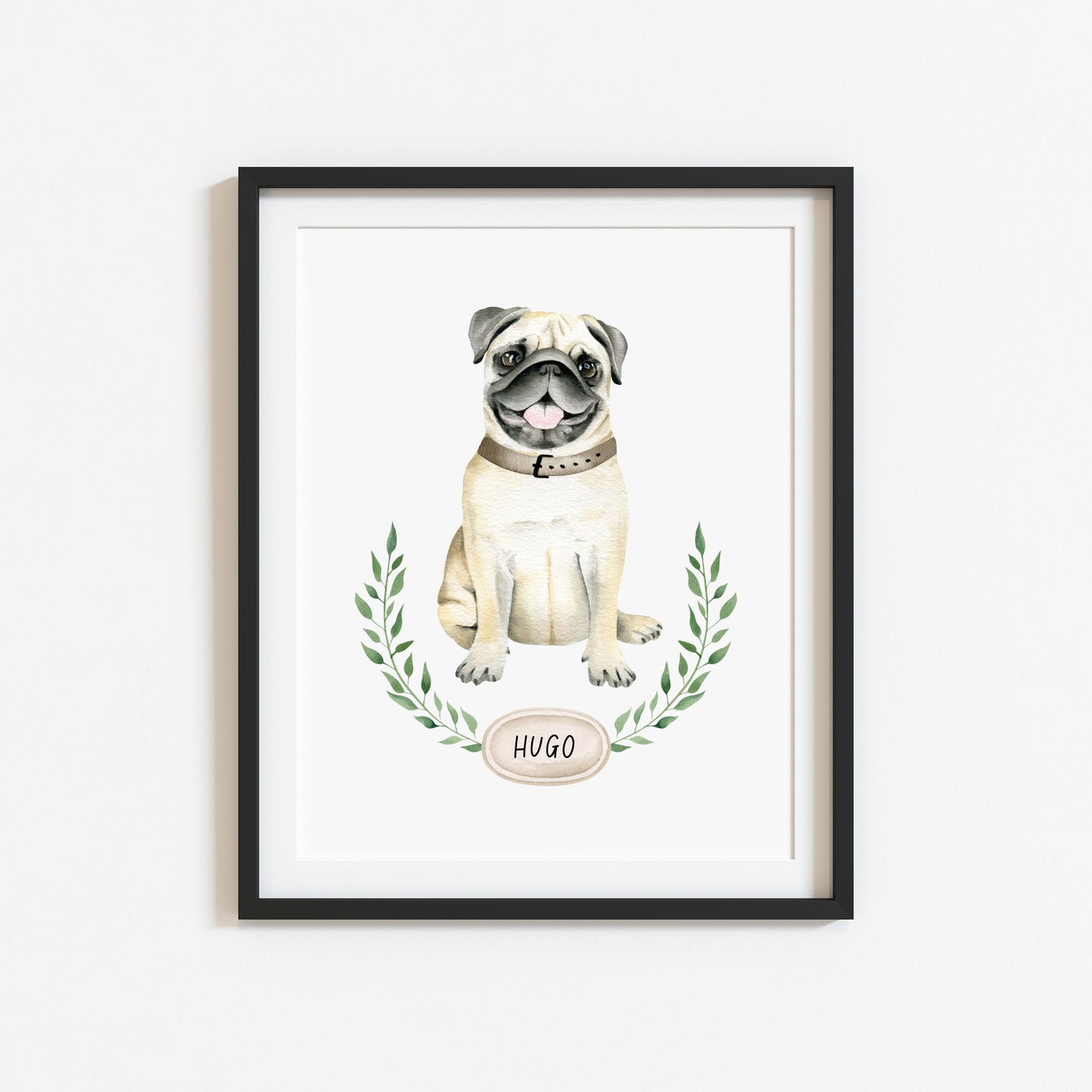 Personalised pug print, Beige pug, personalised name & wreath dog pet unframed wall art poster print, personalised dog gifts, gift ideas