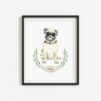 Personalised pug print, Beige pug, personalised name & wreath dog pet unframed wall art poster print, personalised dog gifts, gift ideas