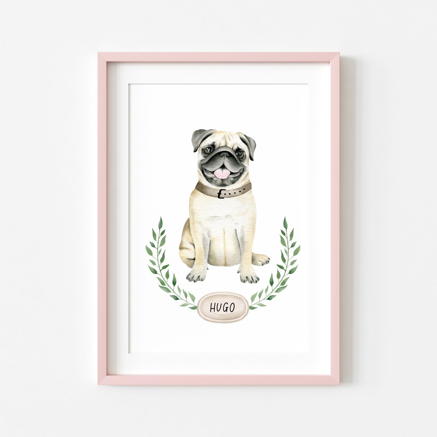 Personalised pug print, Beige pug, personalised name & wreath dog pet unframed wall art poster print, personalised dog gifts, gift ideas