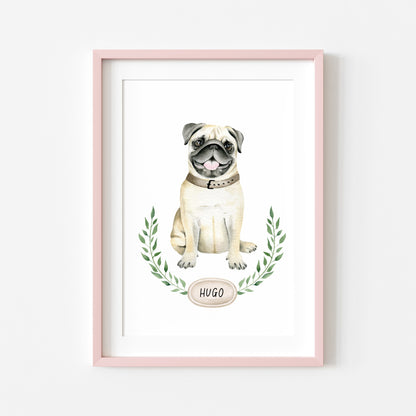 Personalised pug print, Beige pug, personalised name & wreath dog pet unframed wall art poster print, personalised dog gifts, gift ideas