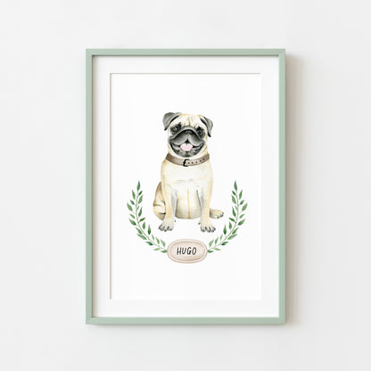 Personalised pug print, Beige pug, personalised name & wreath dog pet unframed wall art poster print, personalised dog gifts, gift ideas