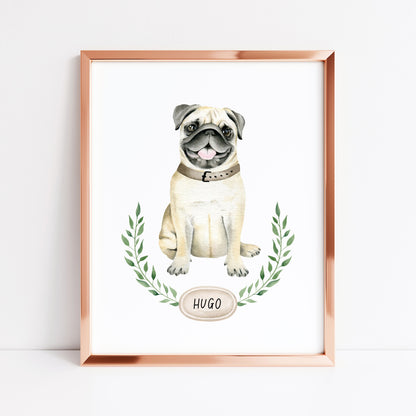 Personalised pug print, Beige pug, personalised name & wreath dog pet unframed wall art poster print, personalised dog gifts, gift ideas