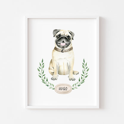 Personalised pug print, Beige pug, personalised name & wreath dog pet unframed wall art poster print, personalised dog gifts, gift ideas