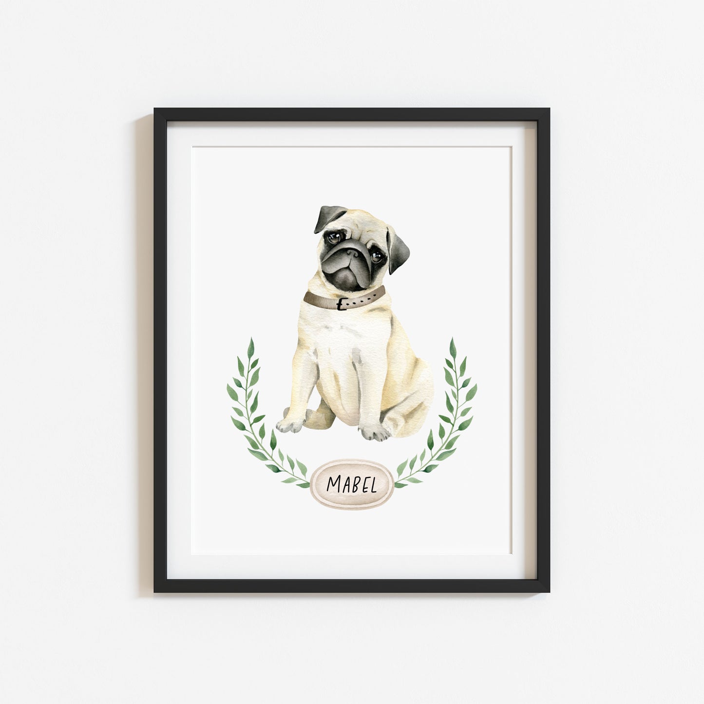 Personalised pug print, Beige pug, personalised name & wreath dog pet unframed wall art poster print, personalised dog gifts, gift ideas