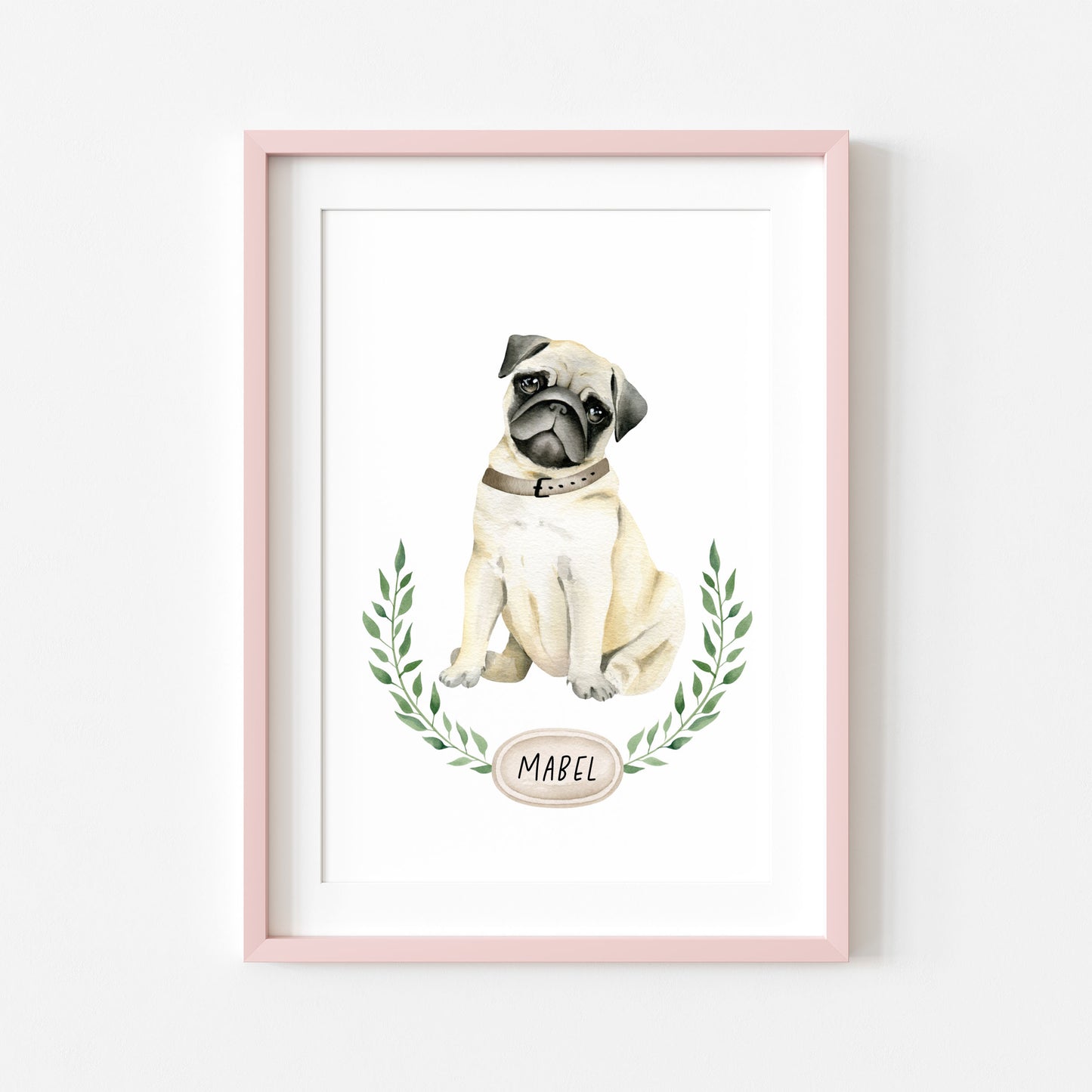 Personalised pug print, Beige pug, personalised name & wreath dog pet unframed wall art poster print, personalised dog gifts, gift ideas