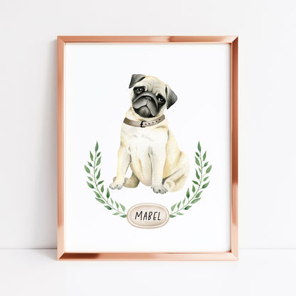 Personalised pug print, Beige pug, personalised name & wreath dog pet unframed wall art poster print, personalised dog gifts, gift ideas