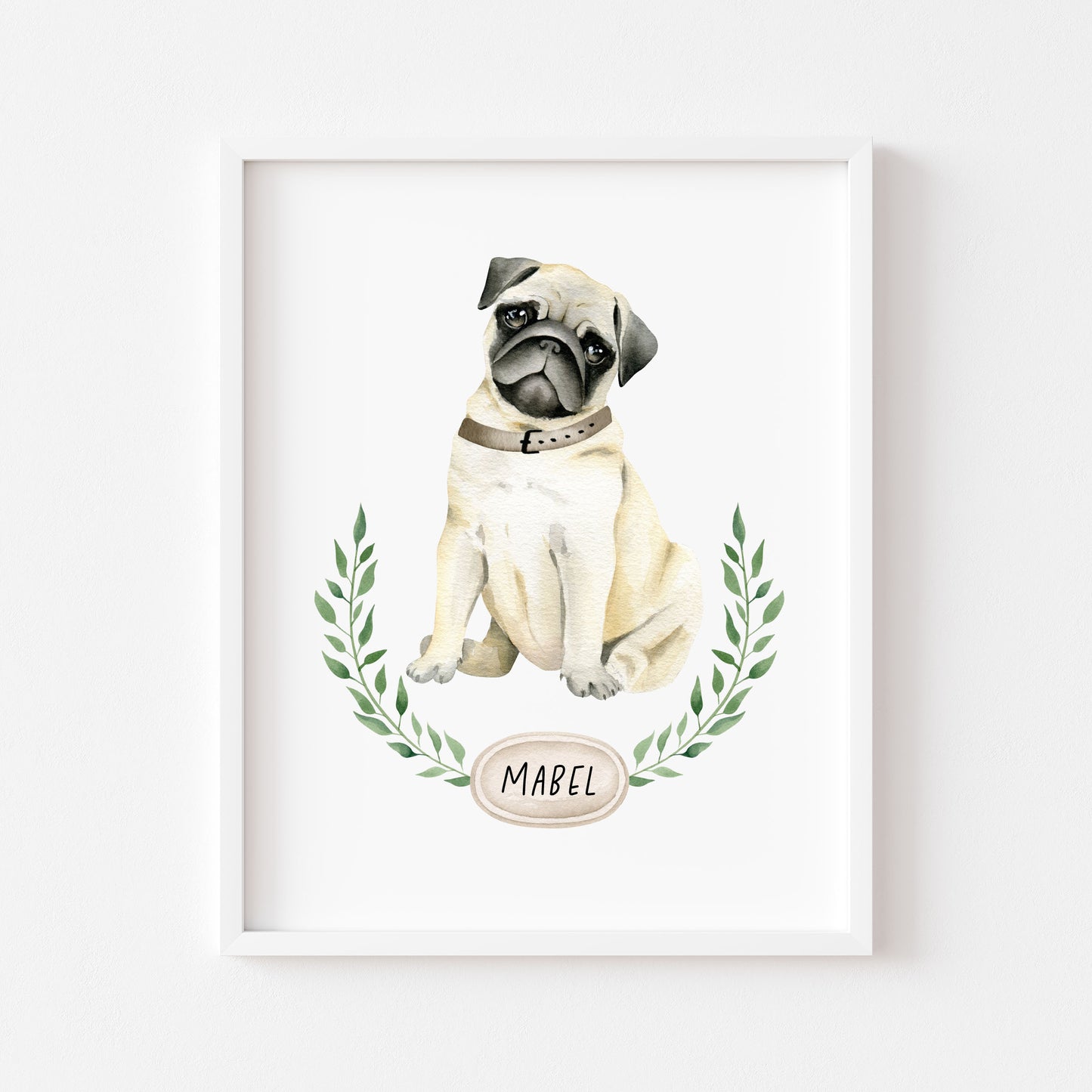 Personalised pug print, Beige pug, personalised name & wreath dog pet unframed wall art poster print, personalised dog gifts, gift ideas