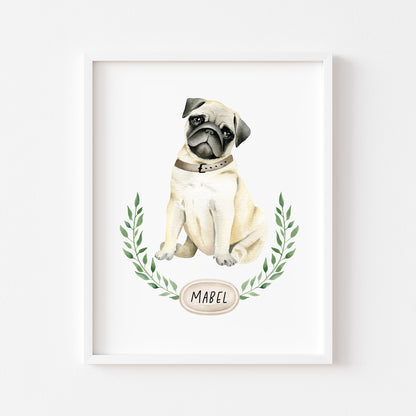 Personalised pug print, Beige pug, personalised name & wreath dog pet unframed wall art poster print, personalised dog gifts, gift ideas