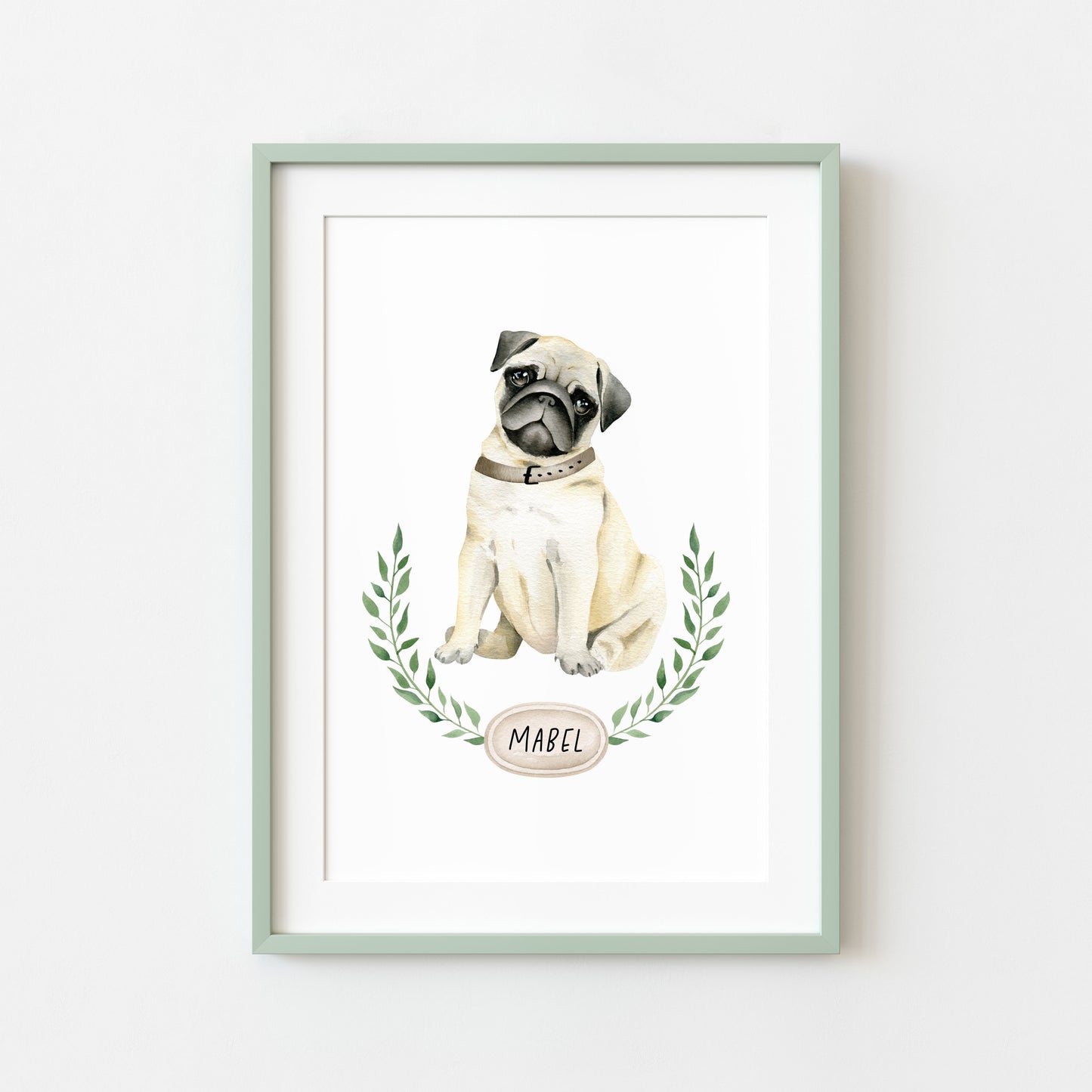 Personalised pug print, Beige pug, personalised name & wreath dog pet unframed wall art poster print, personalised dog gifts, gift ideas