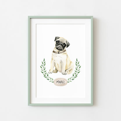 Personalised pug print, Beige pug, personalised name & wreath dog pet unframed wall art poster print, personalised dog gifts, gift ideas