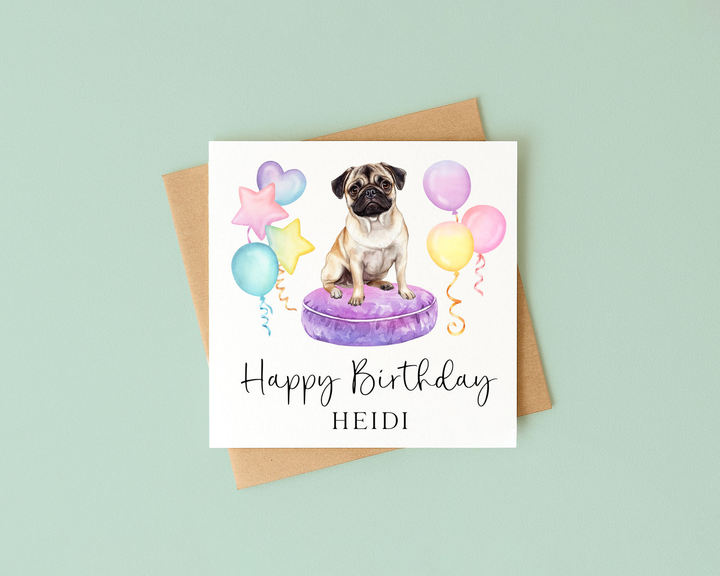 Personalised Pug & Balloons Birthday card, custom dog pug lover card with envelope