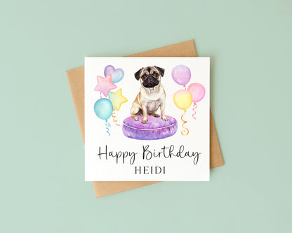 Personalised Pug & Balloons Birthday card, custom dog pug lover card with envelope