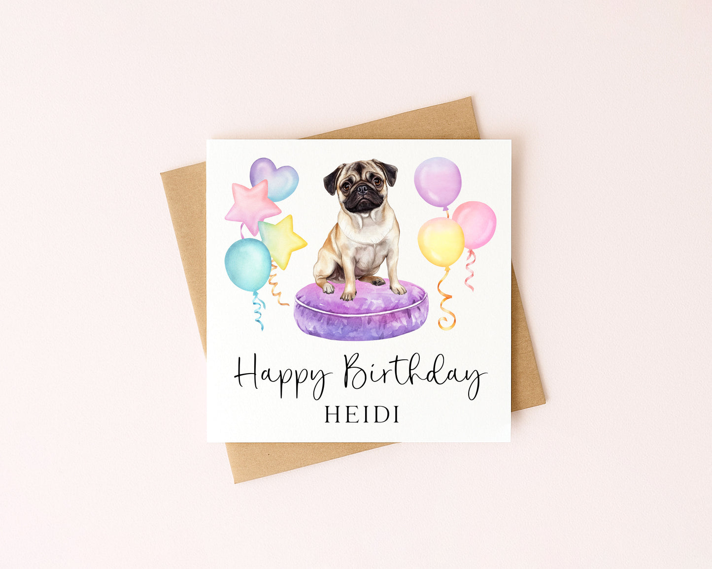 Personalised Pug & Balloons Birthday card, custom dog pug lover card with envelope