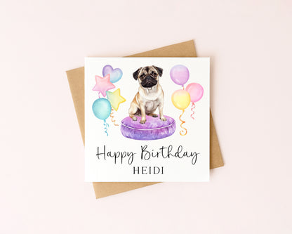 Personalised Pug & Balloons Birthday card, custom dog pug lover card with envelope