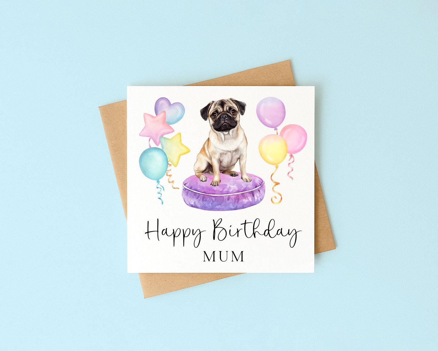 Personalised Pug & Balloons Birthday card, custom dog pug lover card with envelope