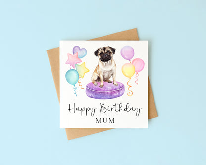 Personalised Pug & Balloons Birthday card, custom dog pug lover card with envelope
