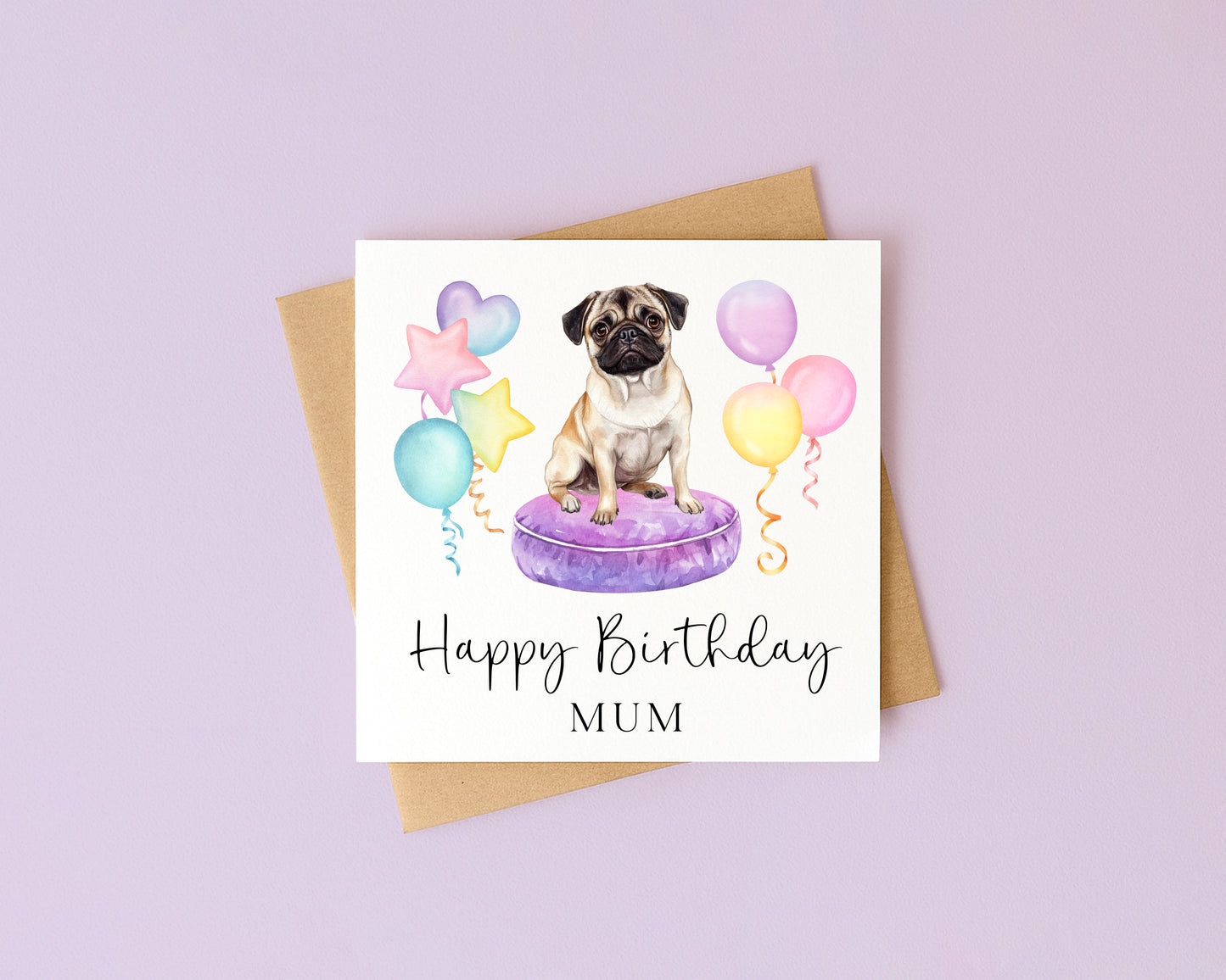 Personalised Pug & Balloons Birthday card, custom dog pug lover card with envelope