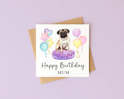 Personalised Pug & Balloons Birthday card, custom dog pug lover card with envelope