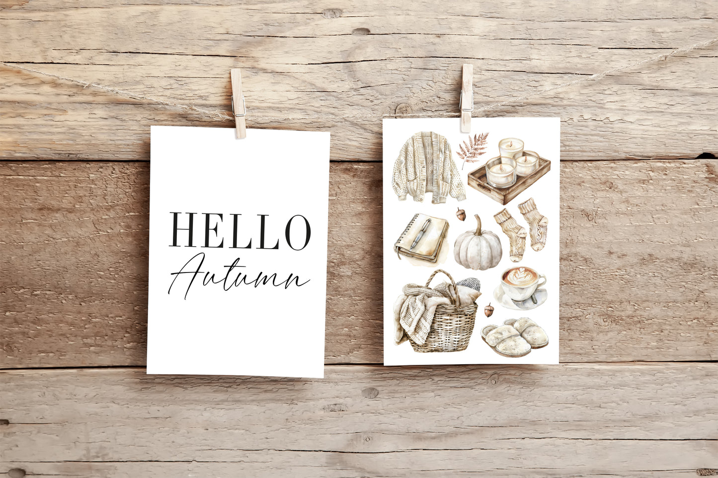 Set of 2 Autumn prints, Hello Autumn seasonal autumn favourites beige unframed wall art poster prints, seasonal decor, Autumn wall art set