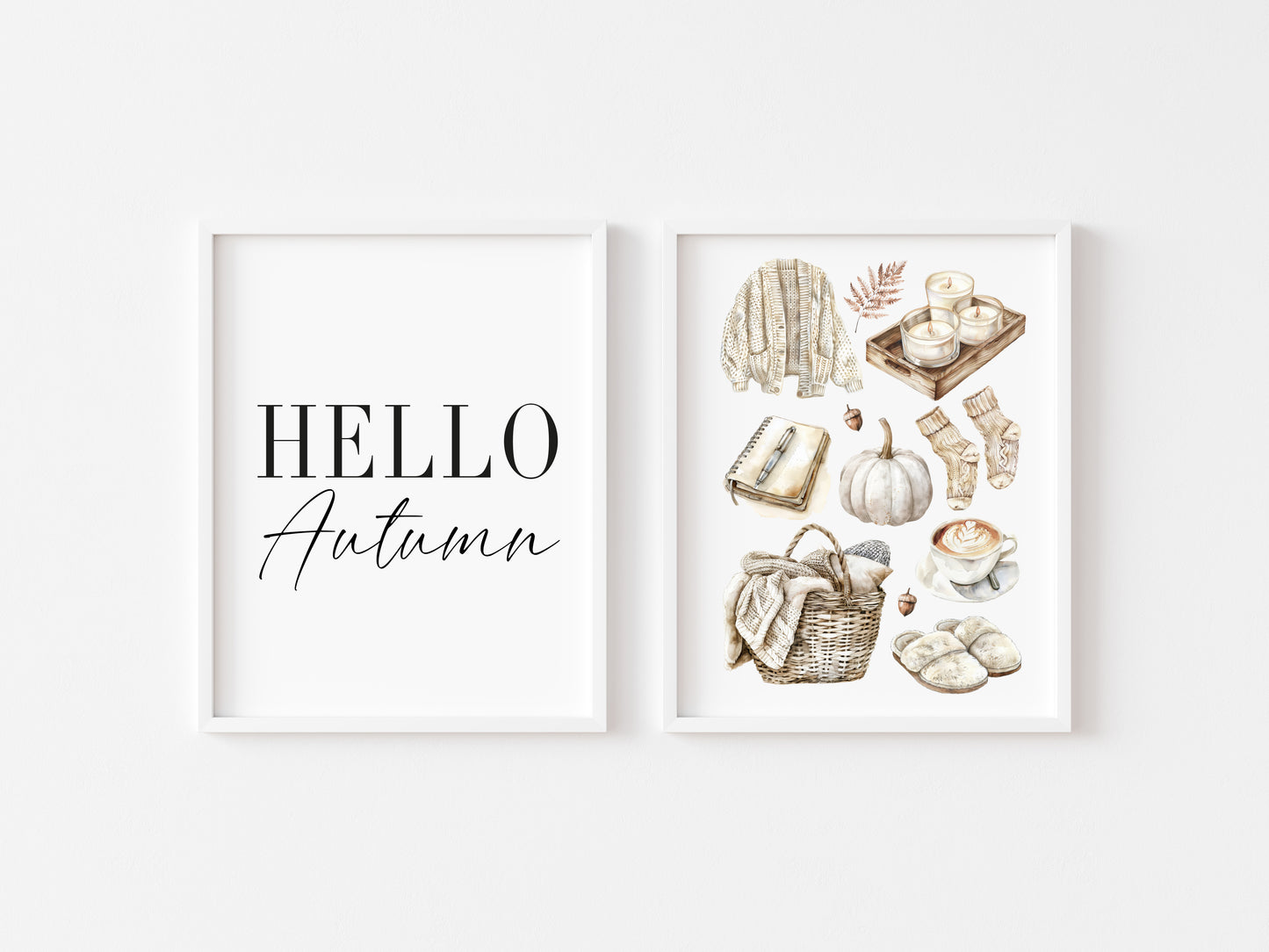 Set of 2 Autumn prints, Hello Autumn seasonal autumn favourites beige unframed wall art poster prints, seasonal decor, Autumn wall art set