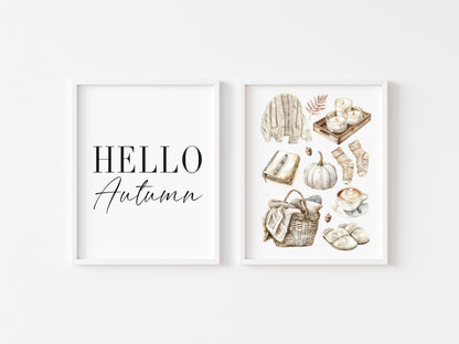 Set of 2 Autumn prints, Hello Autumn seasonal autumn favourites beige unframed wall art poster prints, seasonal decor, Autumn wall art set