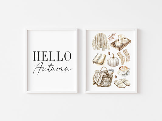 Set of 2 Autumn prints, Hello Autumn seasonal autumn favourites beige unframed wall art poster prints, seasonal decor, Autumn wall art set